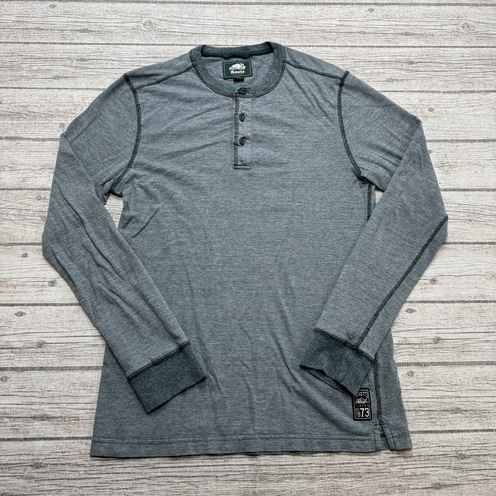 Roots Canada Shirt Men's Small Gray Heathered Henley Long Sleeve Athletic Lounge
